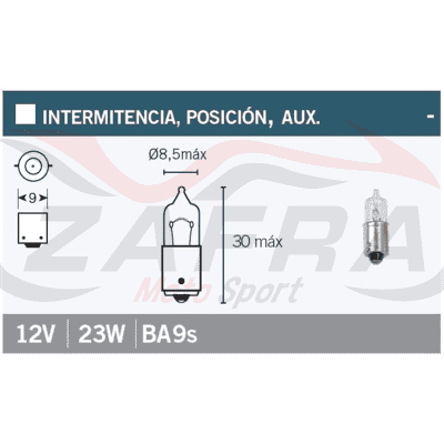 Caja de 10 lámparas bayoneta 9 mm 12Vx23W. Blanca