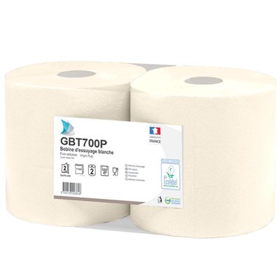 BOBINE PAPIER ESSUIE-MAIN BLANC 2 PLIS GAUFRES / COLLES ( 20 X 25CM / 1000 FEUILLES ROULEAU ) ( LOT DE 2)